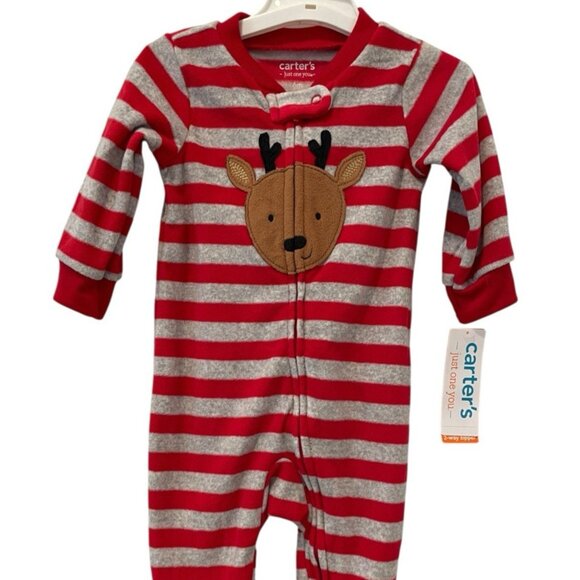Carter’s Christmas Reindeer Striped Sleeper Pajamas – Gray/Red – 6M Toddler - Picture 2 of 7